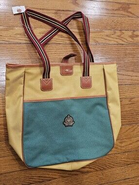 Vintage Canvas Two-Tone Tote Bag in Yellow and Teal with Striped Straps